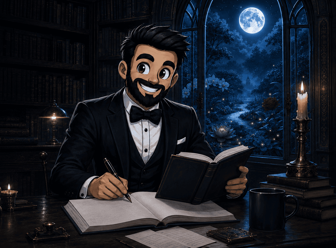 Daddy Guides library with the Daddy studying in a moonlit secret room