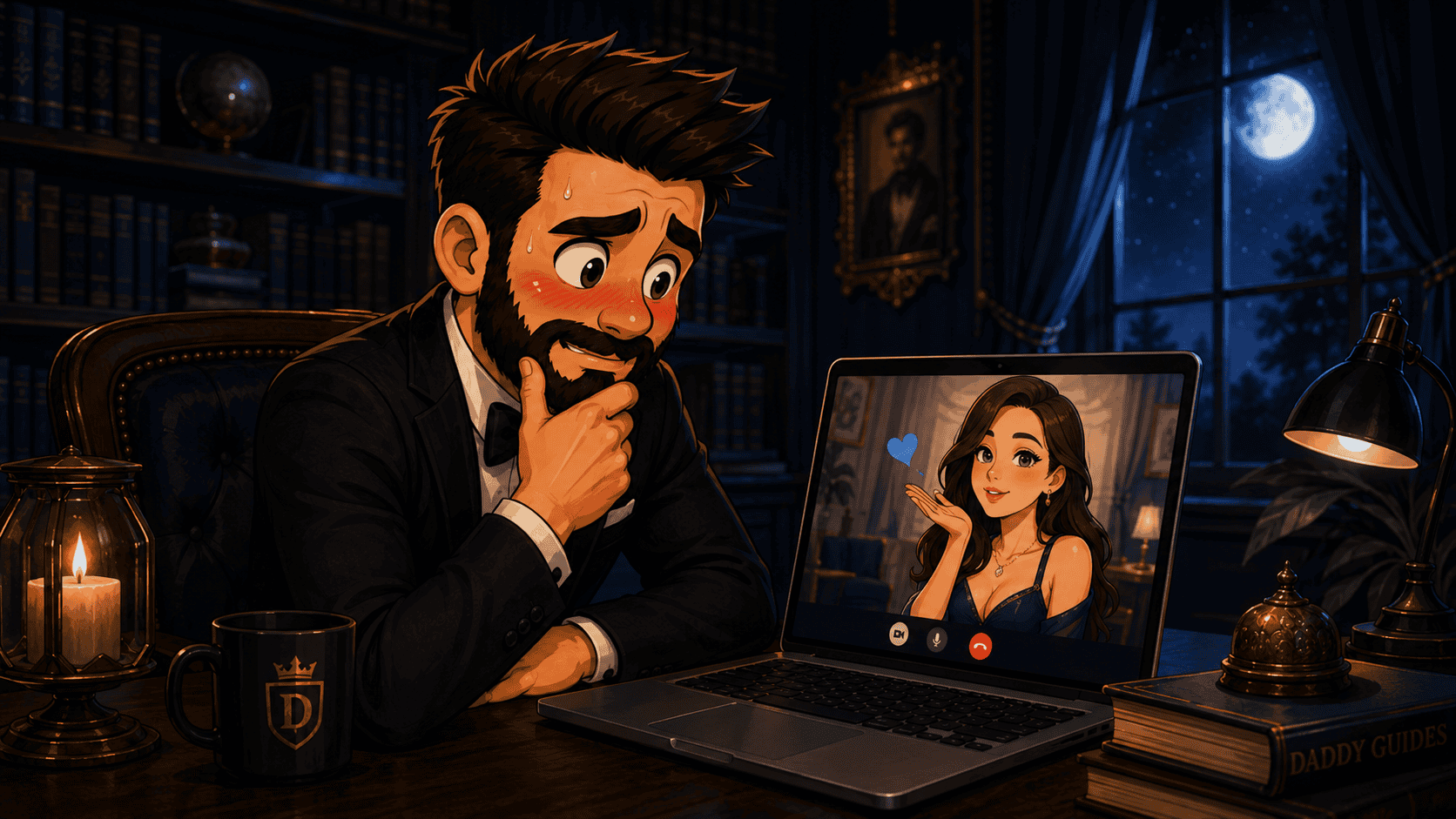 First cam show guide preview with Daddy watching a live cam in a moonlit library