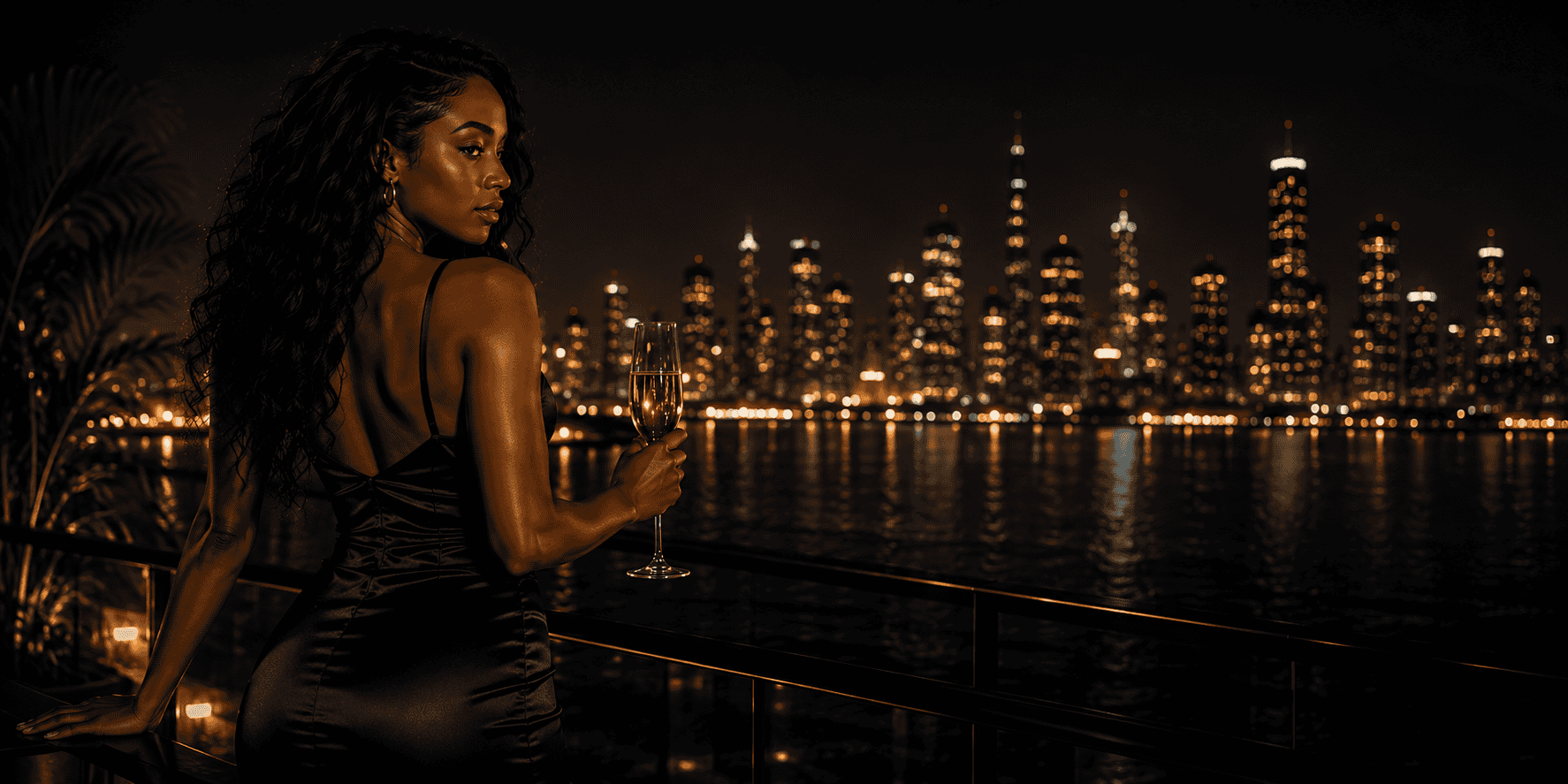 Elegant woman on a rooftop at night introducing more Daddy approved Ebony camgirls